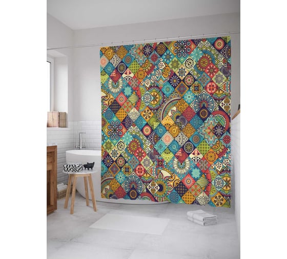 Изображение товара Штора (занавеска) для ванной JoyArty "Лоскуты арнамента" из сатена, 180х200 см с крючками, sc_37433