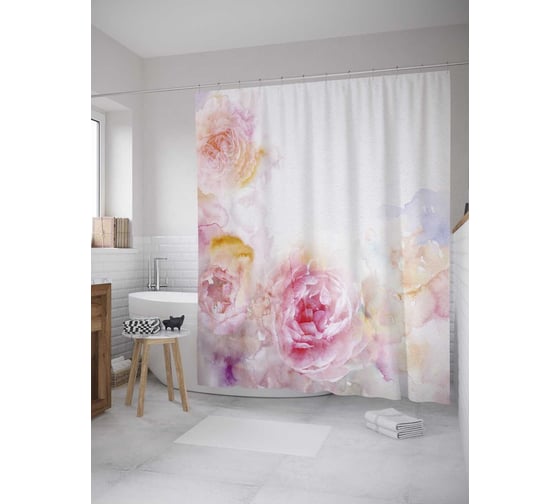 Изображение товара Штора (занавеска) для ванной JoyArty "Призрачные розы" из сатена, 180х200 см с крючками, sc_32136