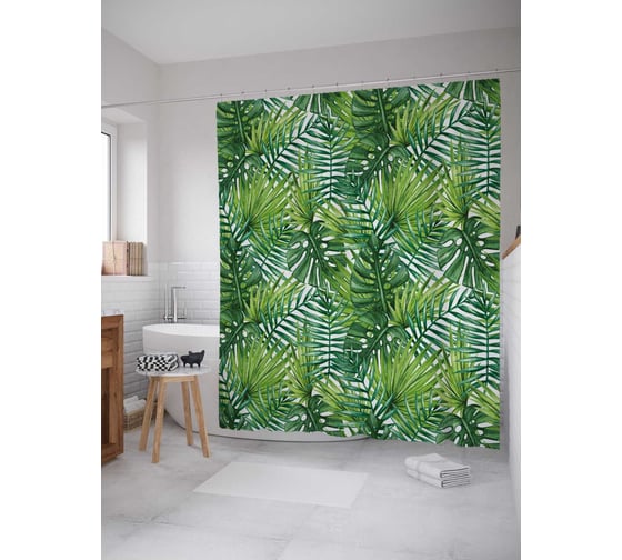 Изображение товара Штора (занавеска) для ванной JoyArty "Тропические листья" из сатена, 180х200 см с крючками, sc_36056