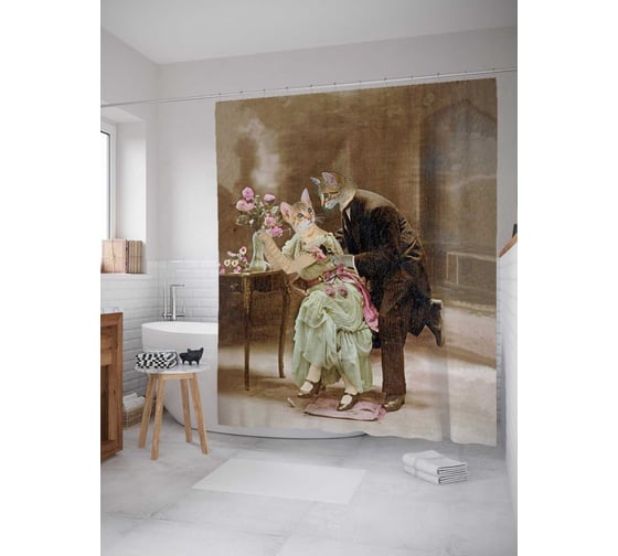 Изображение товара Штора (занавеска) для ванной JoyArty "Кошачьи нежности" из сатена, 180х200 см с крючками, sc_32734