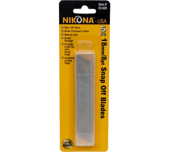 Изображение товара Лезвия для канцелярского ножа отламывающееся NIKONA 5 шт, SK5, 100х18х0.5 мм 33-028