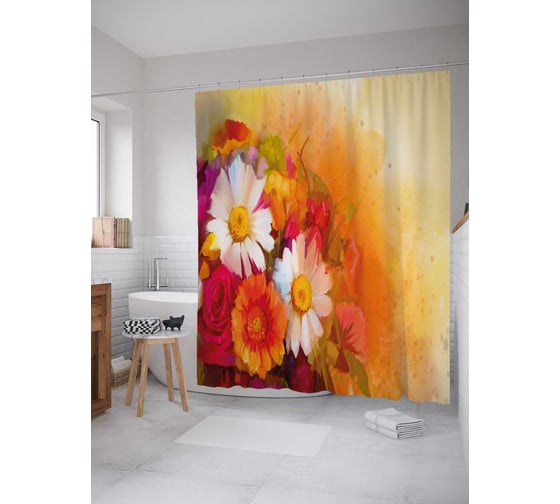 Изображение товара Штора (занавеска) для ванной JoyArty "Букет цветов" из сатена, 180х200 см с крючками, sc_32702