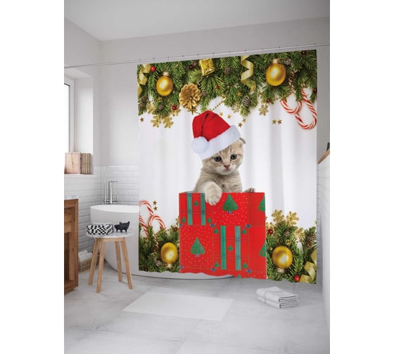 Изображение товара Штора (занавеска) для ванной JoyArty "Кошачий Санта" из сатена, 180х200 см с крючками, sc_5740