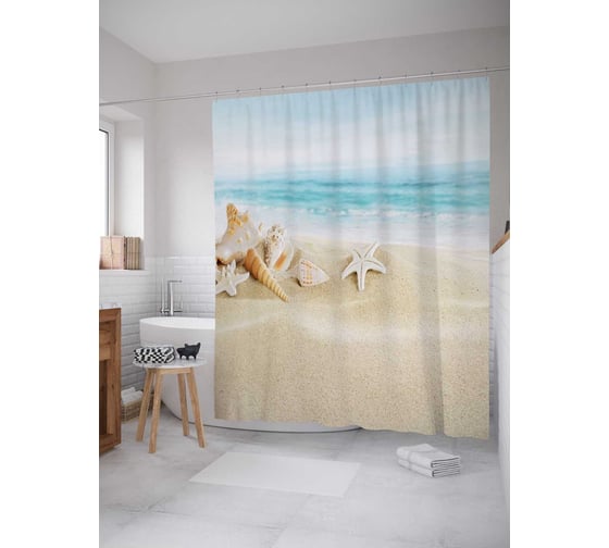 Изображение товара Штора (занавеска) для ванной JoyArty "Морская звезда и ракушки на песке" из сатена, 180х200 см с крючками, sc_4277