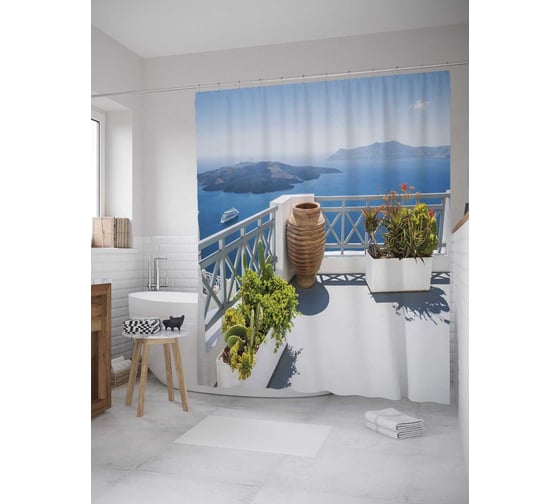 Изображение товара Штора (занавеска) для ванной JoyArty "Отдых на террасе" из сатена, 180х200 см с крючками, sc_34941