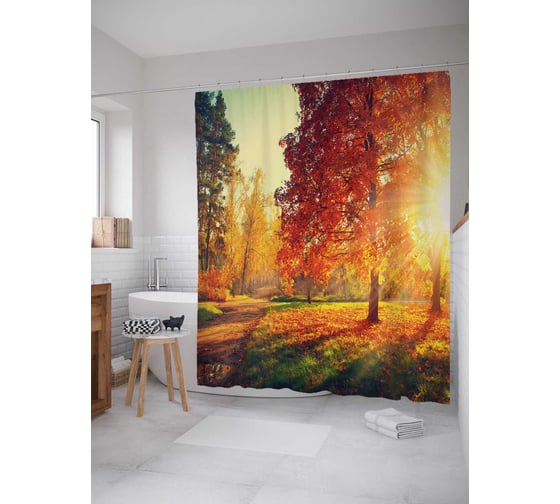 Изображение товара Штора (занавеска) для ванной JoyArty "Сквозь осеннюю листву" из сатена, 180х200 см с крючками, sc_37697