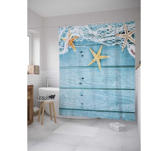 Изображение товара Штора (занавеска) для ванной JoyArty "Морские звезды в сетях" из сатена, 180х200 см с крючками, sc_35914