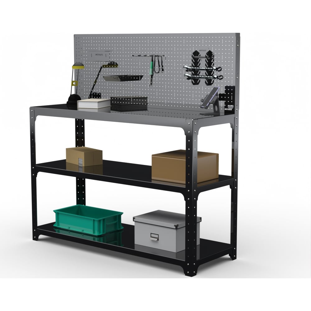 Изображение товара Стол-верстак ООО Металекс KIT 950х1700х600 мм, две полки + перфопанель с комплектом аксессуаров, черный 205583
