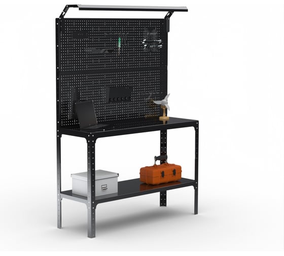 Изображение товара Стол-верстак ООО Металекс KIT 950х1700х400 мм, одна полка + перфопанель с комплектом освещения, черный 205841