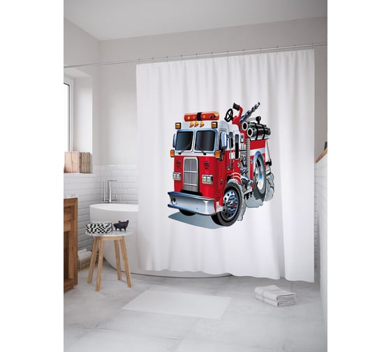 Изображение товара Штора (занавеска) для ванной JoyArty "Пожарная машина с водометом" из сатена, 180х200 см с крючками, sc_53708