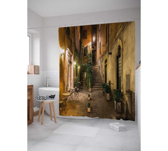 Изображение товара Штора (занавеска) для ванной JoyArty "Улочки старого города" из сатена, 180х200 см с крючками, sc_37466