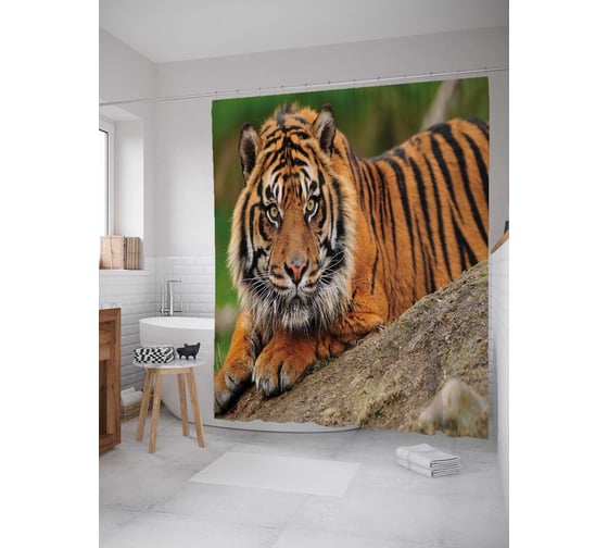 Изображение товара Штора (занавеска) для ванной JoyArty "Тигр на скалах" из сатена, 180х200 см с крючками, sc_38689