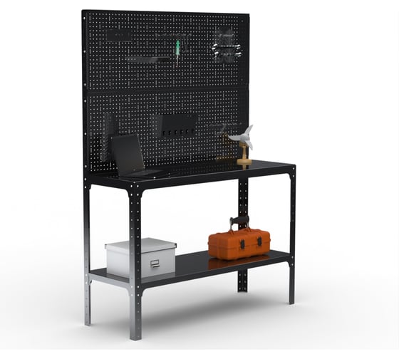 Изображение товара Стол-верстак ООО Металекс KIT 950х1300х600 мм, две полки + двойная перфопанель с комплектом аксессуаров, черный 205633