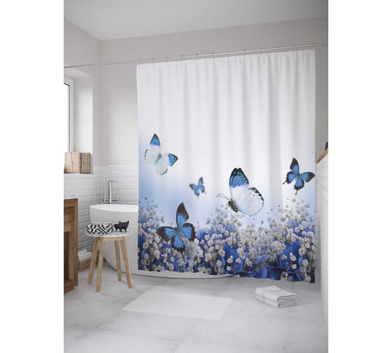 Изображение товара Штора (занавеска) для ванной JoyArty "Бабочки на поляне" из сатена, 180х200 см с крючками, sc_33961