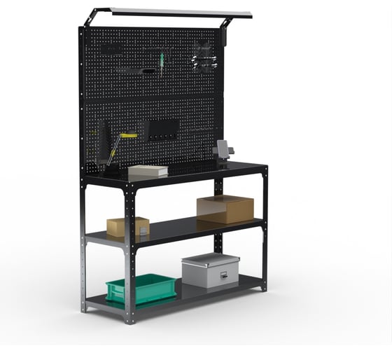 Изображение товара Стол-верстак ООО Металекс KIT 950х1200х400 мм, 2-е полки, двойная перфопанель с комплектом освещения, черный 205755