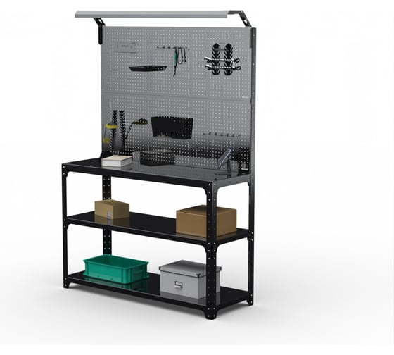 Изображение товара Стол-верстак ООО Металекс KIT 950х1300х600 мм, 2-е полки, двойная перфопанель с комплектом освещения, черный 205774