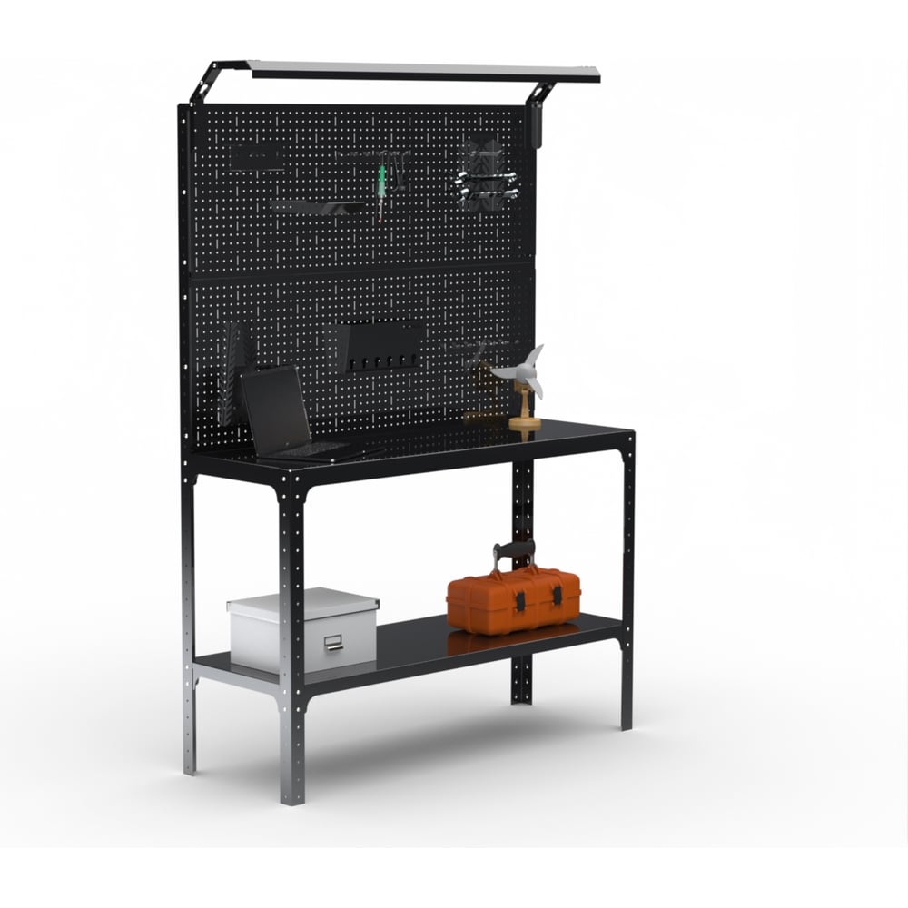 Изображение товара Стол-верстак ООО Металекс KIT 950х1700х400 мм, одна полка + двойная перфопанель с комплектом освещения, черный 205814