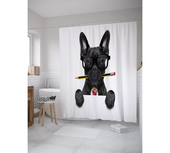 Изображение товара Штора (занавеска) для ванной JoyArty "В зубах карандаш" из сатена, 180х200 см с крючками, sc_60793