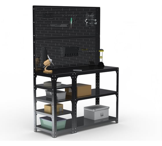 Изображение товара Стол-верстак ООО Металекс KIT 950х1700х500 мм, с боковыми полками, двумя перфопанелями и комплектом аксессуаров, черный 205520