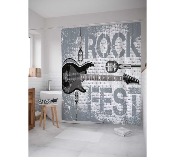 Изображение товара Штора (занавеска) для ванной JoyArty "Гитара и микрофоны" из сатена, 180х200 см с крючками, sc_51684