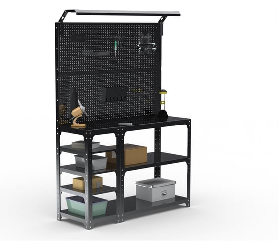Изображение товара Стол-верстак ООО Металекс KIT 950х1200х400 мм, с боковыми полками, 2-мя панелями и комплектом освещения, черный 205704
