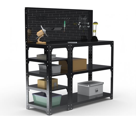 Изображение товара Стол-верстак ООО Металекс KIT 950х1800х400 мм, с боковыми полками, перфопанелью и комплектом аксессуаров, черный 205485