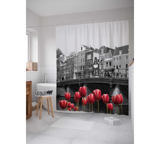 Изображение товара Штора (занавеска) для ванной JoyArty "Яркие тюльпаны" из сатена, 180х200 см с крючками, sc_38166