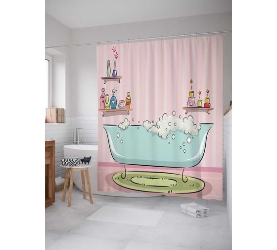 Изображение товара Штора (занавеска) для ванной JoyArty "Пенная ванна" из сатена, 180х200 см с крючками, sc_9537