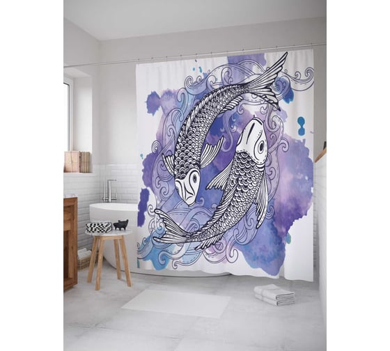 Изображение товара Штора (занавеска) для ванной JoyArty "Монохромные карпы" из сатена, 180х200 см с крючками, sc_38763