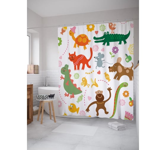 Изображение товара Штора (занавеска) для ванной JoyArty "Рисунки детства" из сатена, 180х200 см с крючками, sc_54102
