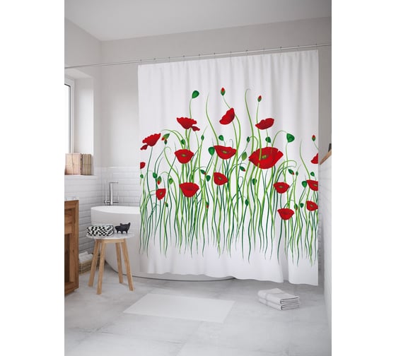 Изображение товара Штора (занавеска) для ванной JoyArty "Нежные маки" из сатена, 180х200 см с крючками, sc_53348
