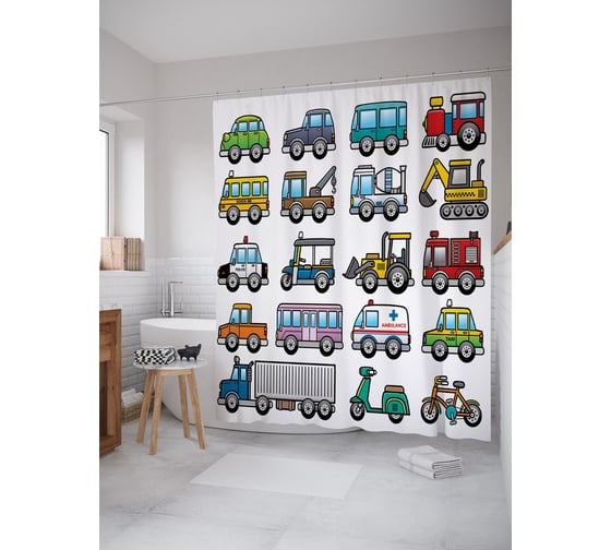 Изображение товара Штора (занавеска) для ванной JoyArty "Разнообразие сухопутных машин" из сатена, 180х200 см с крючками, sc_54129
