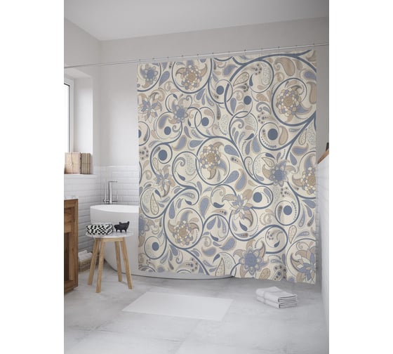 Изображение товара Штора (занавеска) для ванной JoyArty "Орнамент цветов и завитки пейсли" из сатена, 180х200 см с крючками, sc_59208