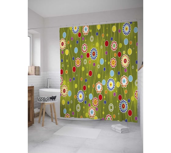 Изображение товара Штора (занавеска) для ванной JoyArty "Цветы на линиях" из сатена, 180х200 см с крючками, sc_32608
