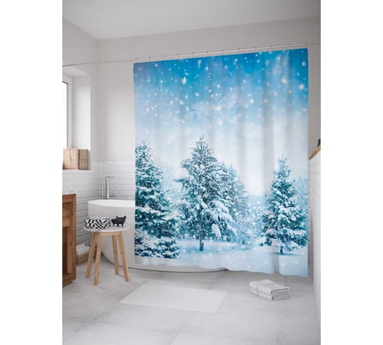 Изображение товара Штора (занавеска) для ванной JoyArty "Зима в лесу" из сатена, 180х200 см с крючками, sc_44969