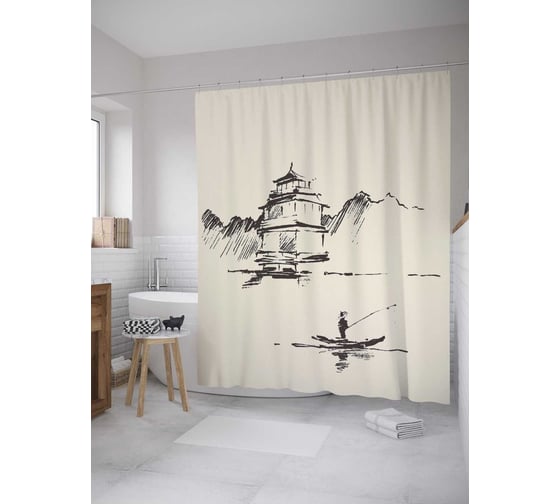 Изображение товара Штора (занавеска) для ванной JoyArty "Пейзаж" из сатена, 180х200 см с крючками, sc_52767