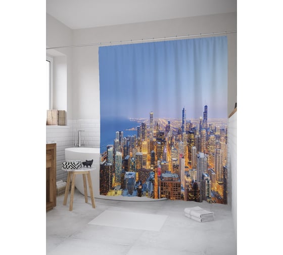 Изображение товара Штора (занавеска) для ванной JoyArty "Панорама Чикаго" из сатена, 180х200 см с крючками, sc_60443