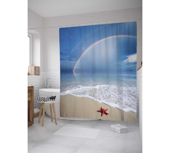 Изображение товара Штора (занавеска) для ванной JoyArty "Радуга над морем" из сатена, 180х200 см с крючками, sc_35908