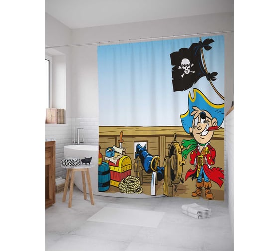 Изображение товара Штора (занавеска) для ванной JoyArty "Мультяшный пират у штурвала" из сатена, 180х200 см с крючками, sc_38211