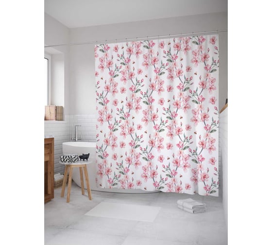 Изображение товара Штора (занавеска) для ванной JoyArty "Нежные цветы" из сатена, 180х200 см с крючками, sc_50094