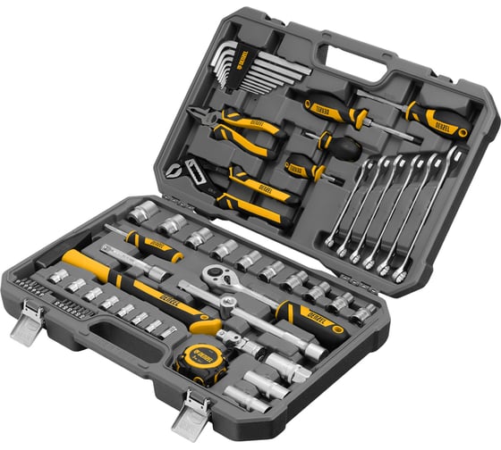 Изображение товара Набор инструментов Denzel 1/2", 1/4", CrV, S2, пластиковый кейс, 64 предмета 15801