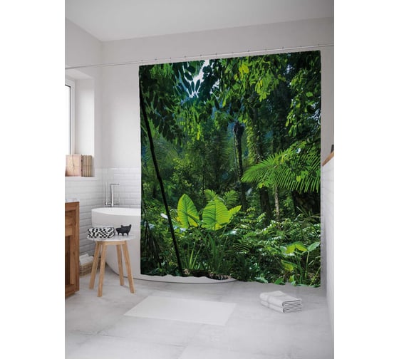 Изображение товара Штора (занавеска) для ванной JoyArty "Тропические заросли" из сатена, 180х200 см с крючками, sc_38856