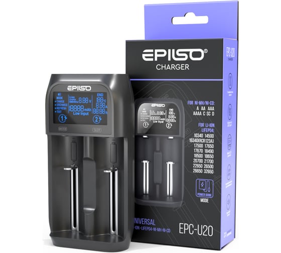 Изображение товара Зарядное устройство Epilso (1-2х 10340, 14500, 16340, 18650, 32650, A, AA, AAA, C, D; PowerBank) EPC-U20