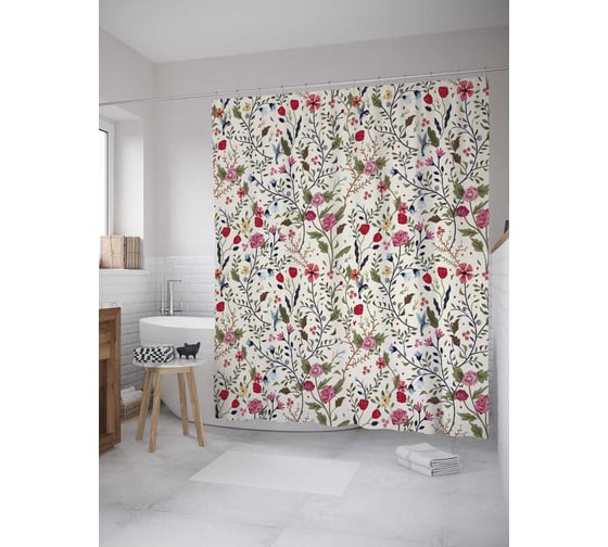 Изображение товара Штора (занавеска) для ванной JoyArty "Полевые цветы" из сатена, 180х200 см с крючками, sc_43913