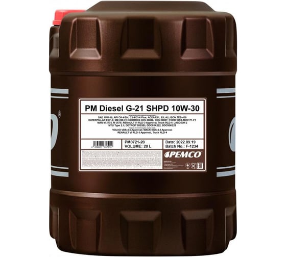 Изображение товара Синтетическое моторное масло Pemco G-21 DIESEL SHPD 10W30 20 л, 10W-30 PM0721-20-E