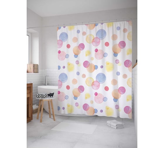 Изображение товара Штора (занавеска) для ванной JoyArty "Акварельный горошек" из сатена, 180х200 см с крючками, sc_38090
