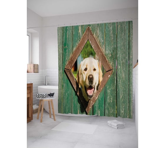 Изображение товара Штора (занавеска) для ванной JoyArty "Собака в заборе" из сатена, 180х200 см с крючками, sc_38569