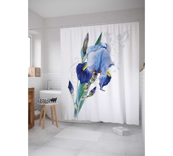 Изображение товара Штора (занавеска) для ванной JoyArty "Акварельные ирисы" из сатена, 180х200 см с крючками, sc_38002