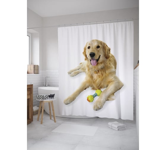 Изображение товара Штора (занавеска) для ванной JoyArty "Собака с игрушечной костью" из сатена, 180х200 см с крючками, sc_59179