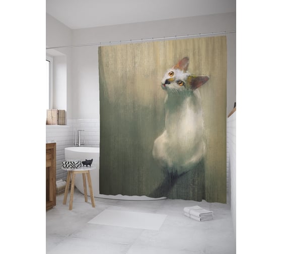 Изображение товара Штора (занавеска) для ванной JoyArty "Кот заинтересовался" из сатена, 180х200 см с крючками, sc_60115
